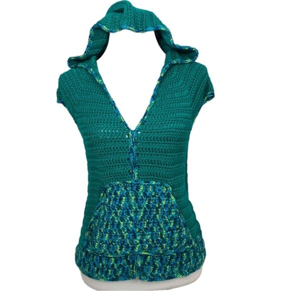 Handmade Women's New Green Crochet Hooded Cap Sleeve Knit Sweater S/C35 - Picture 2 of 5